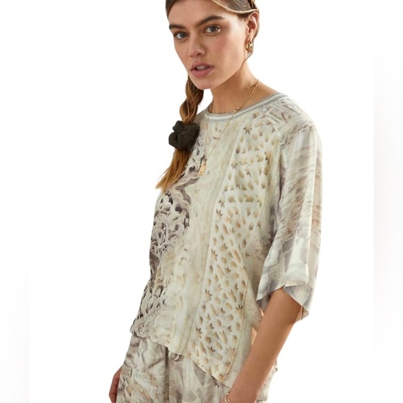 Anthropologie x Tiny Valetta Top Loungewear Neutral Patchwork Short Sleeve | XS - Picture 2 of 13